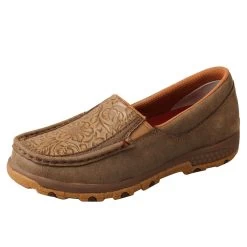 TWISTED X Women's Slip-On Bomber/Tooled Brown Driving Moc With CellStretch (WXC0013)
